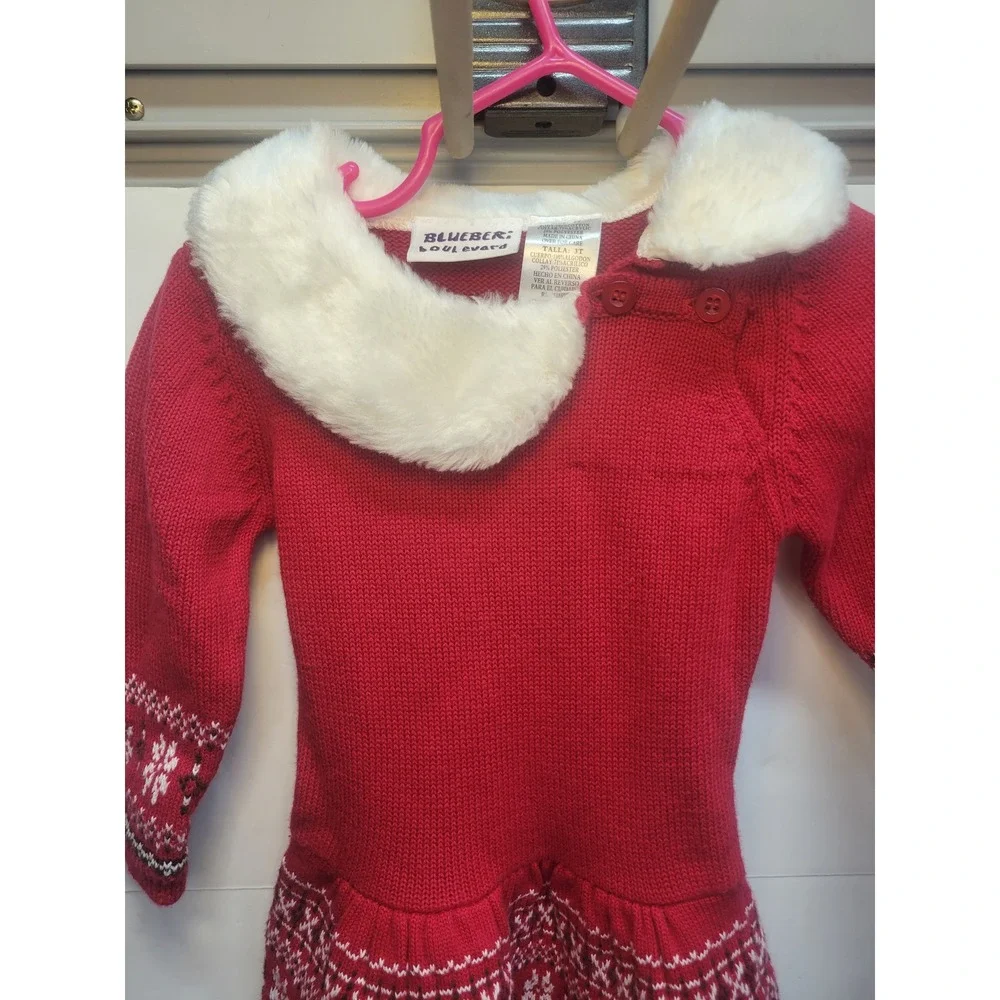 Blueberi Boulevard‎ Girls Red Knit Christmas Dress Faux Fur Collar 3T Toddler